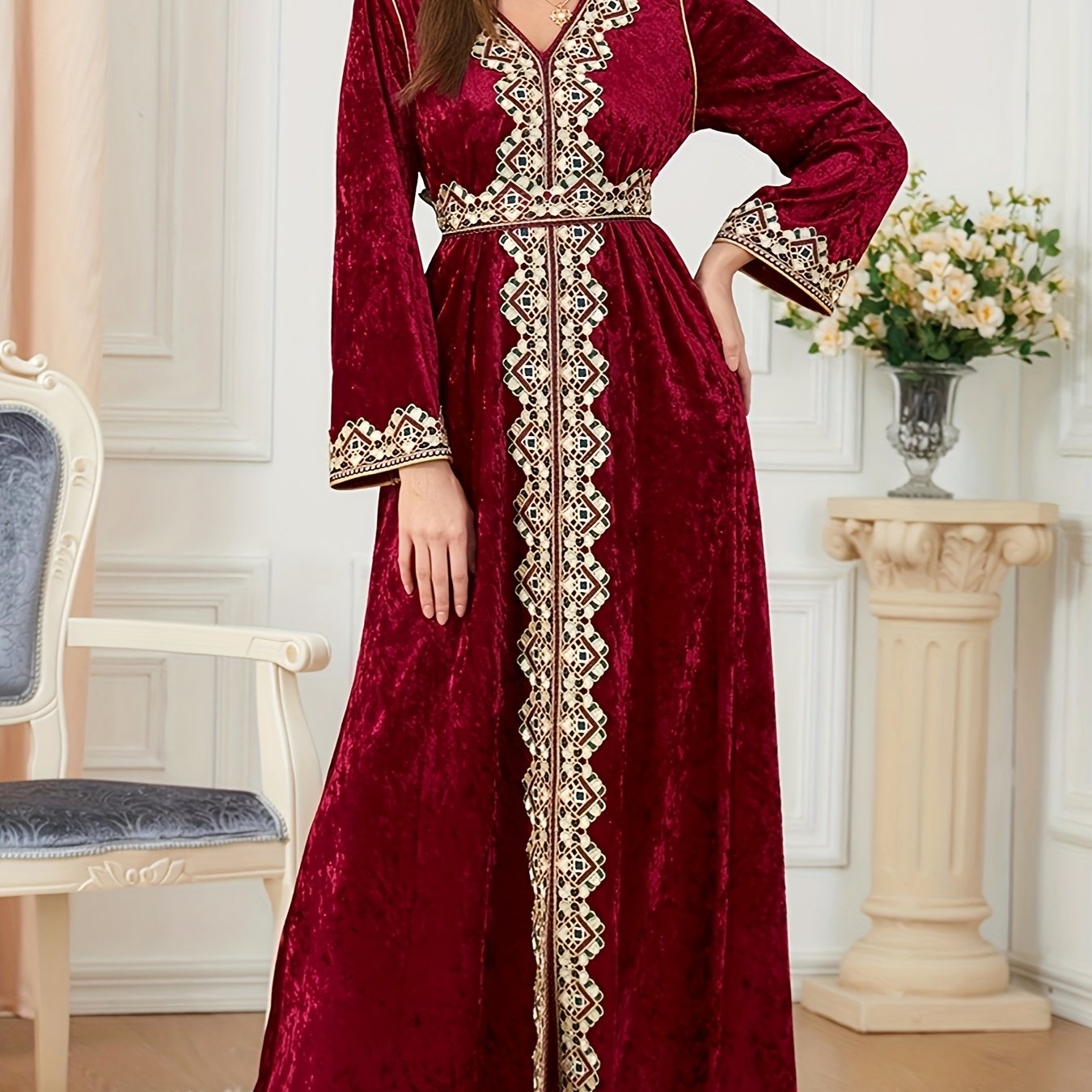 Women's Muslim Velvet Embroidered Abaya with Long Sleeves, V-Neck Moroccan Party Kaftan, Turkish Arabic Maxi Dress.