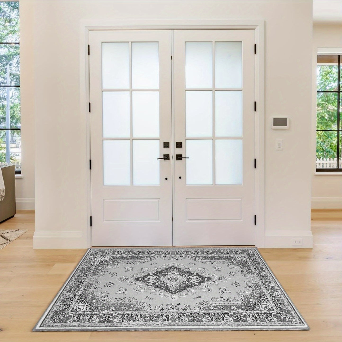 [Vintage Rug] 5x8 Vintage Rug | Black Floral Faux Wool Non Slip Washable Low Pile Indoor Doormat for Bedroom, Entryway, Kitchen, Bedside