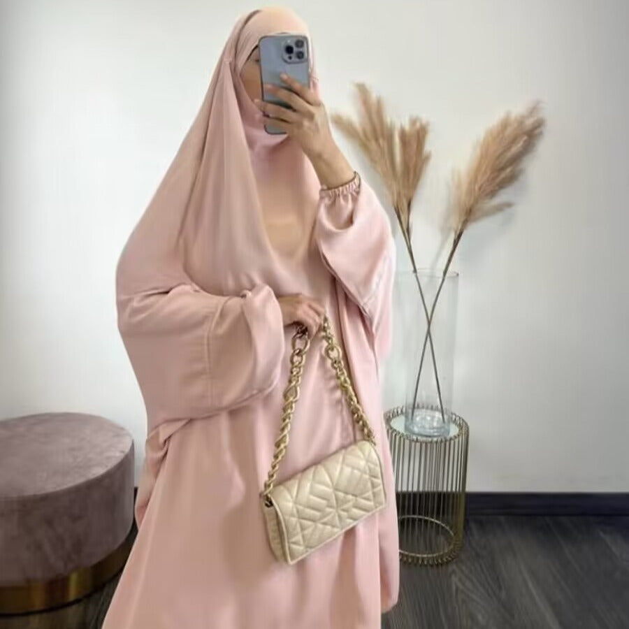 Middle East Dubai Women's Solid Color Loose Jilbaab Two-Piece Set with Large Hijab for Export
