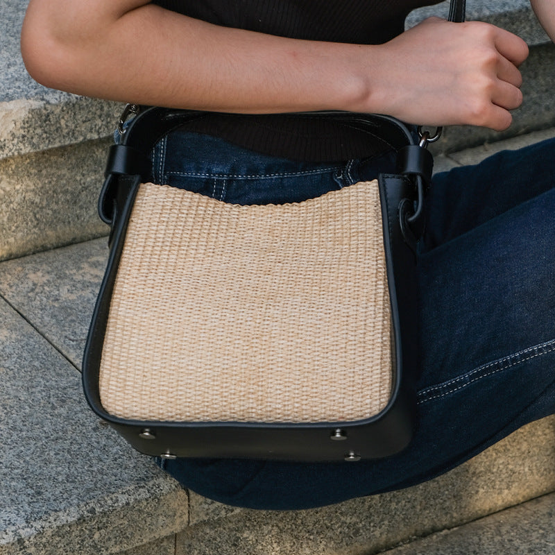Light Luxury Woven Bag | Spliced Leather Women's Handbag with All Senior Sense Small Square Bag Crossbody Straw Bag