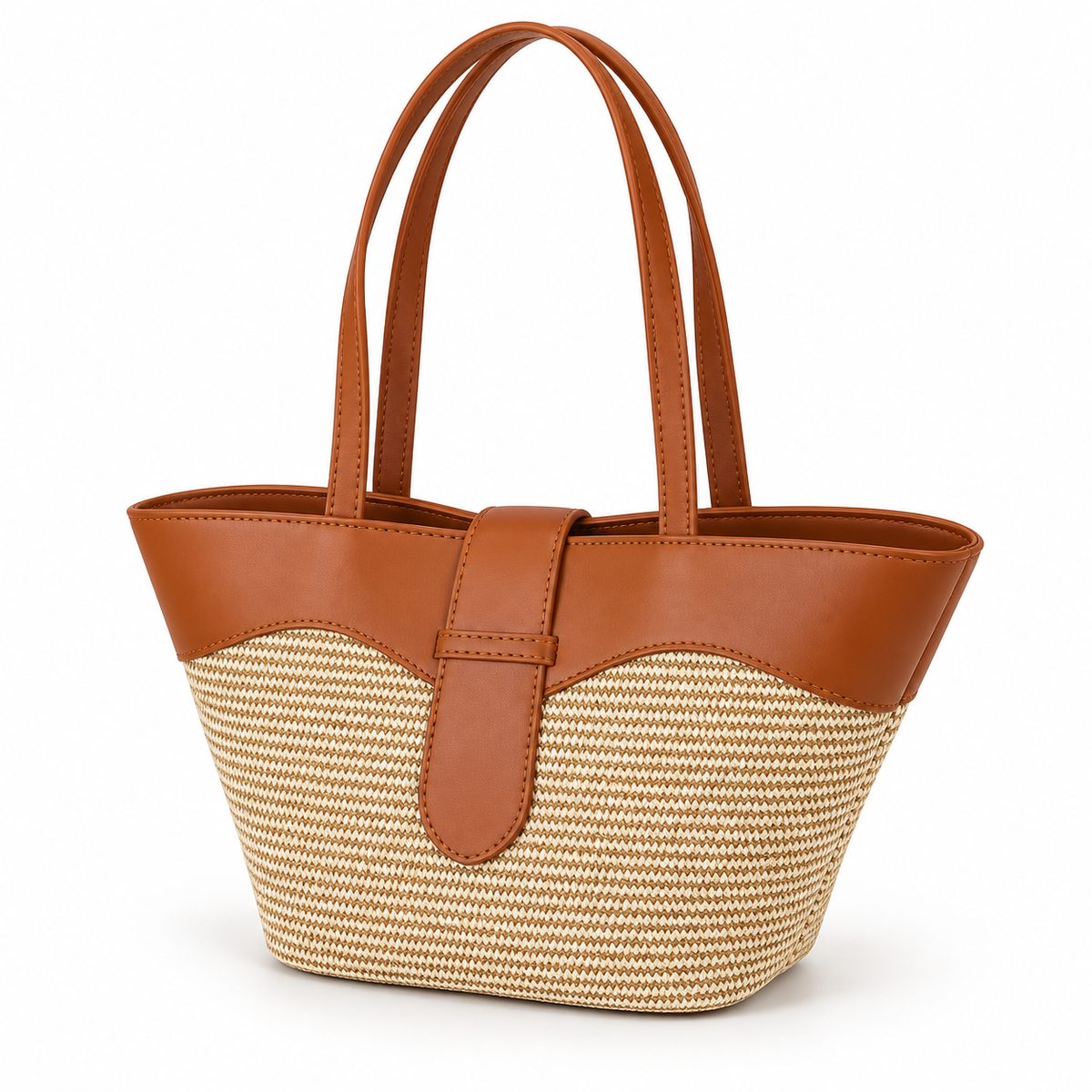 Elegant Beige Woven Brown Trim Tote