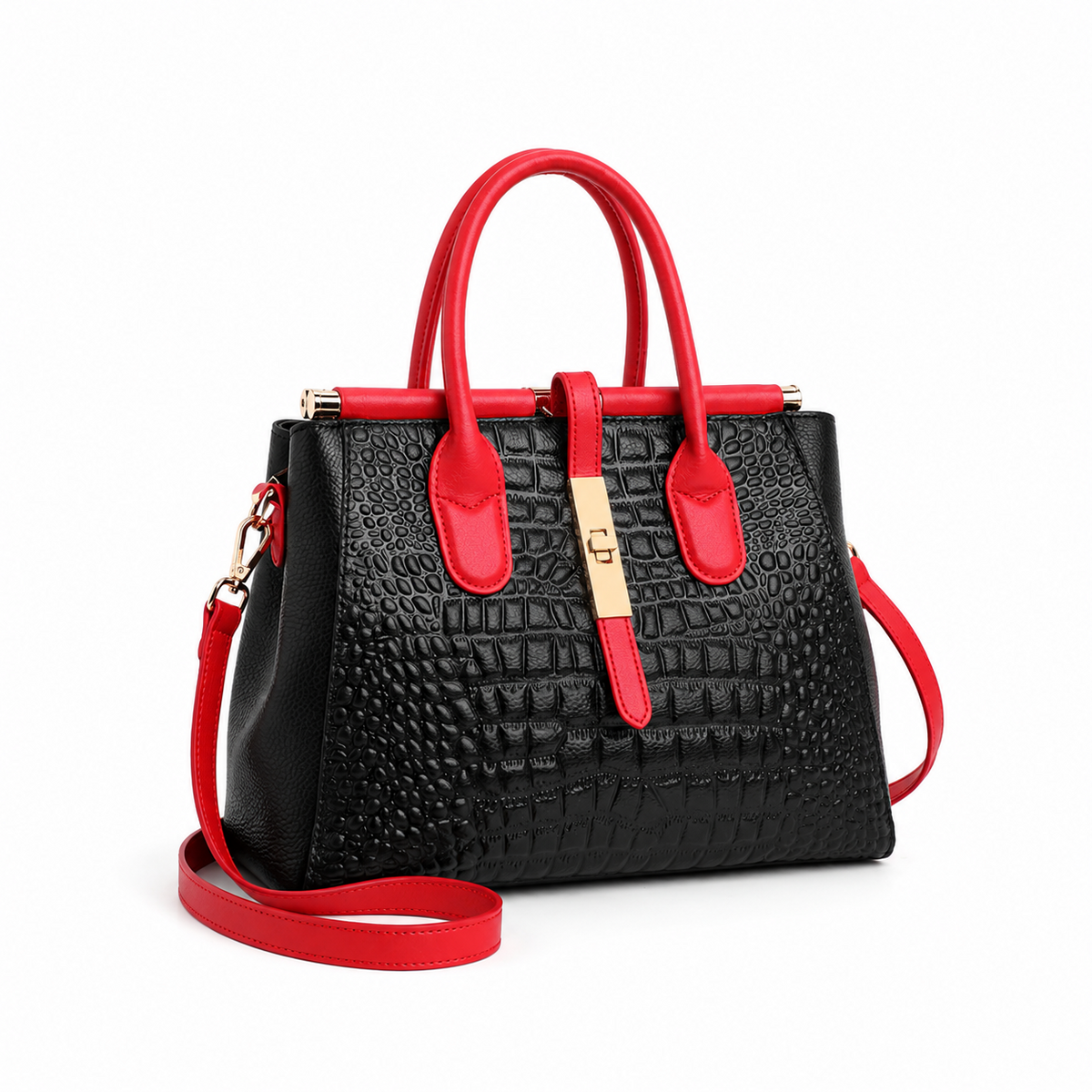 Luxe Black Crocodile Red Accent Handbag