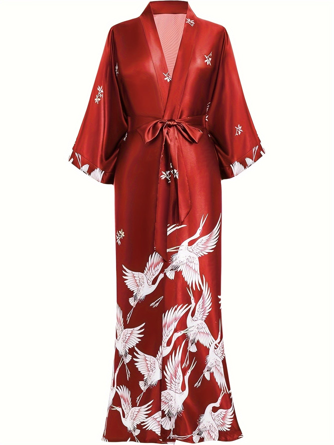 Long Kimono Robe Satin Sleepwear Blouse Bathrobe Nightgown Floral Crane Kimono Cardigan Robe