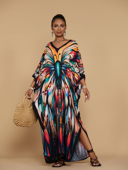 Kaftan Dresses For Women Bohemian Printed V-neck Beach Coverup Batwing Sleeves Kaftan Robe Casual Home Vacation Swimwear Coverup Ethnic Style Dress