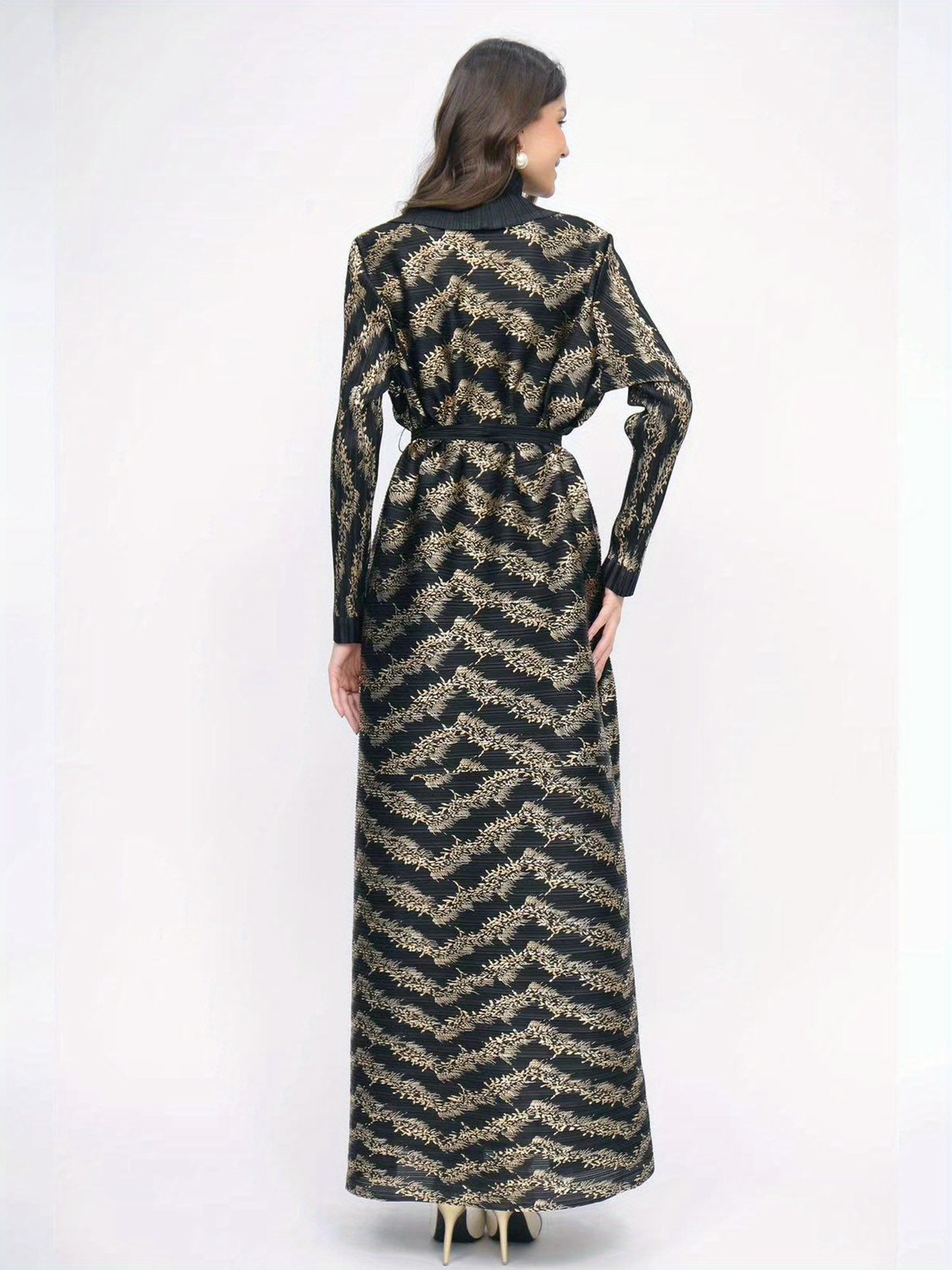 Women's Elegant Black Abaya with Golden Geometric Pattern - Stylish Long-Sleeve Kaftan for Office, Formal Events, and Ramadan - Versatile Middle Eastern Attire, Formal Attire | Elegant Abaya
