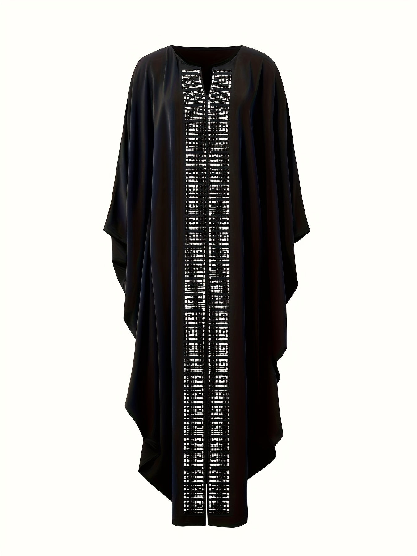 Women's Elegant Rhinestone Embellished Long Kaftan Palestinian Abaya - Batwing Sleeves, Long Split Hem, Polyester, Non-Stretch, Solid Color, Suitable for Spring/Summer/Fall