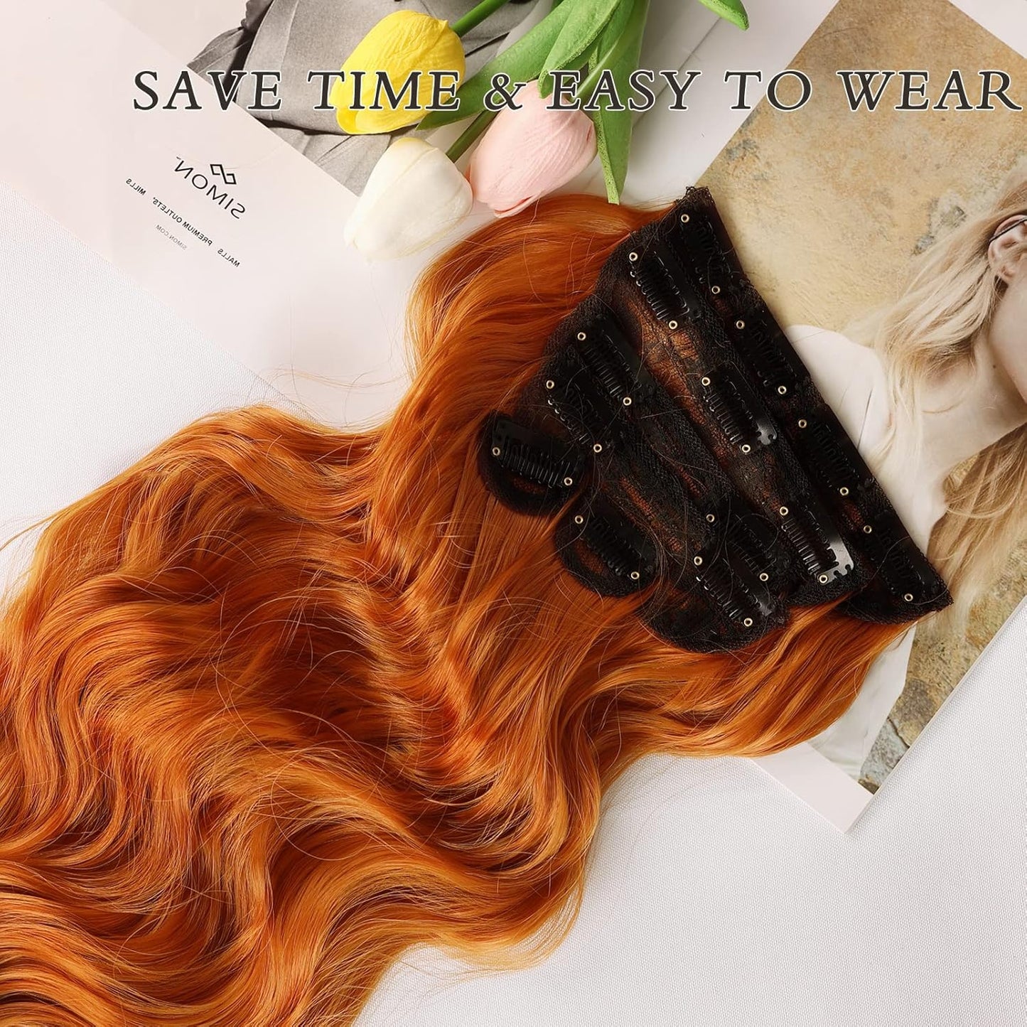 Clip in Hair Extensions for Women 20 Inch Long Wavy Curly Ginger Orange Hairpieces Full Head Synthetic Hair Hairpieces