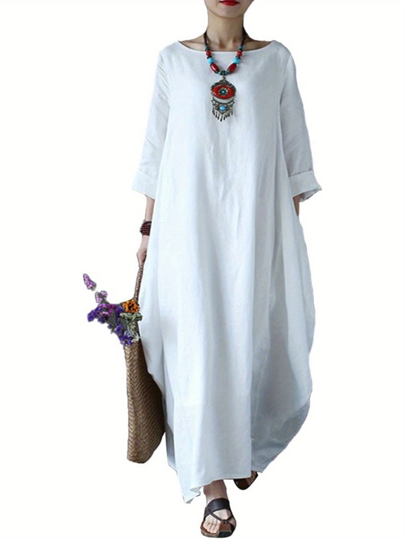 Women'S Elegant Long Dress Caftan Gown - Flowy A-Line Maxi Dress, Soft Everyday & Formal Outfit for Women, All-Season Casual to Formal Events, Versatile Clothing, Round Neckline, Comfortable Wear, Event Attire, Simple Design,