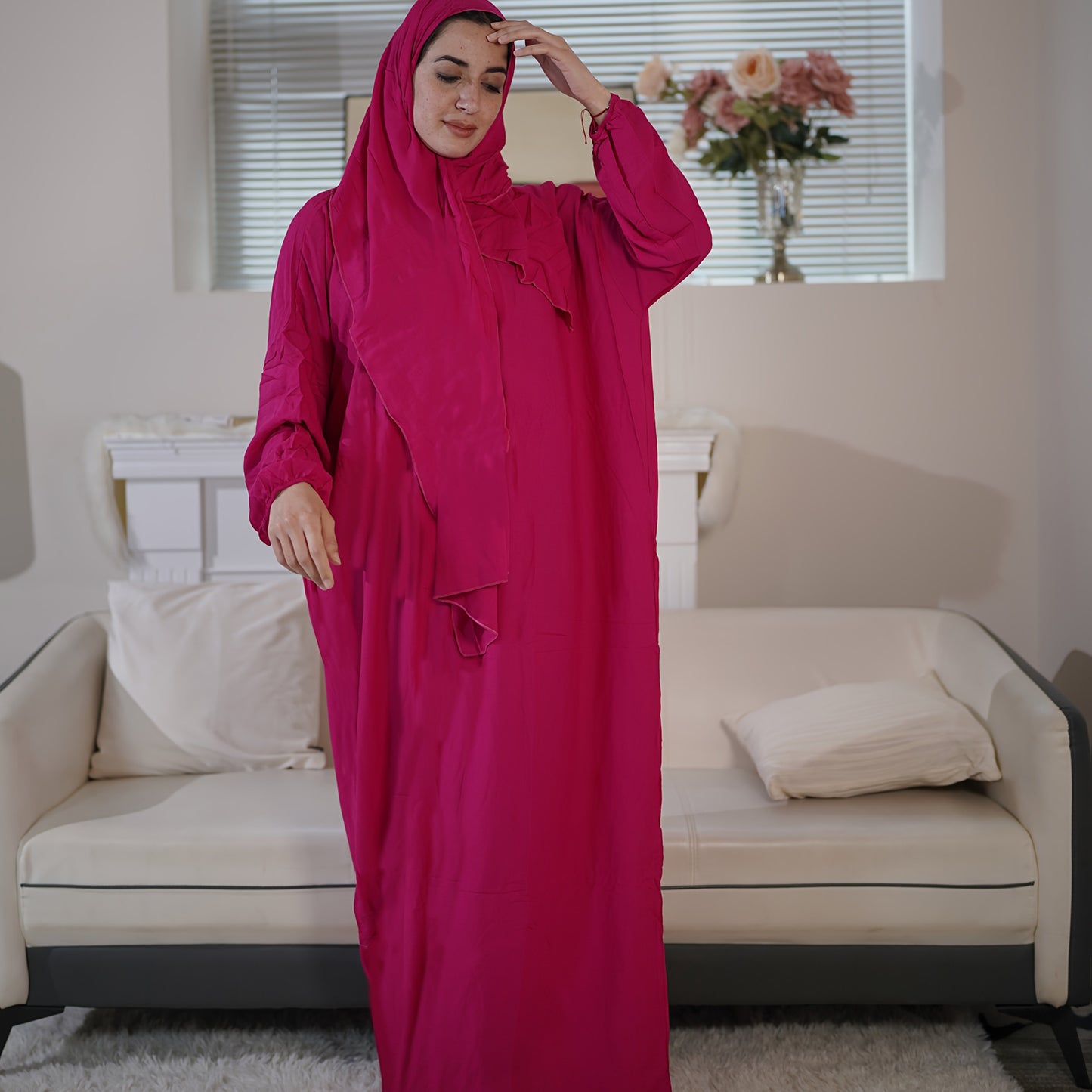 Long Sleeve Comfortable Women's Prayer Arabic Abaya - Integrated Hijab, Solid Color, Loose Fit, Rayon Fabric, Machine Washable