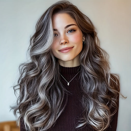 24-Inch Wavy Balayage Wig Featuring an Ash Brown to Grey Ombre, Made from Heat-Friendly Fibers, with an Adjustable Rose Net Cap, Offering a Appearance Suitable for All Ethnic Backgrounds, Perfect for Parties And Festivals