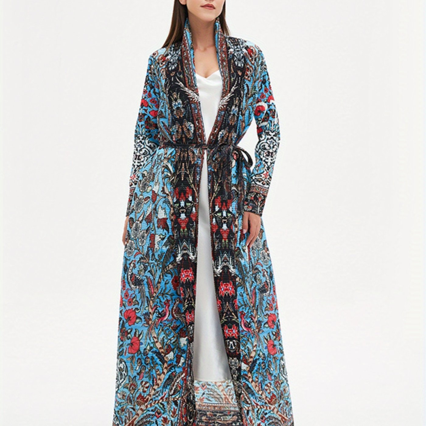Elegant Middle Eastern-Inspired Geometric Print Abaya Dress with Intricate Embroidery - Lightweight Polyester, High Elasticity, Sun Protection, Perfect for Spring/Summer/Fall