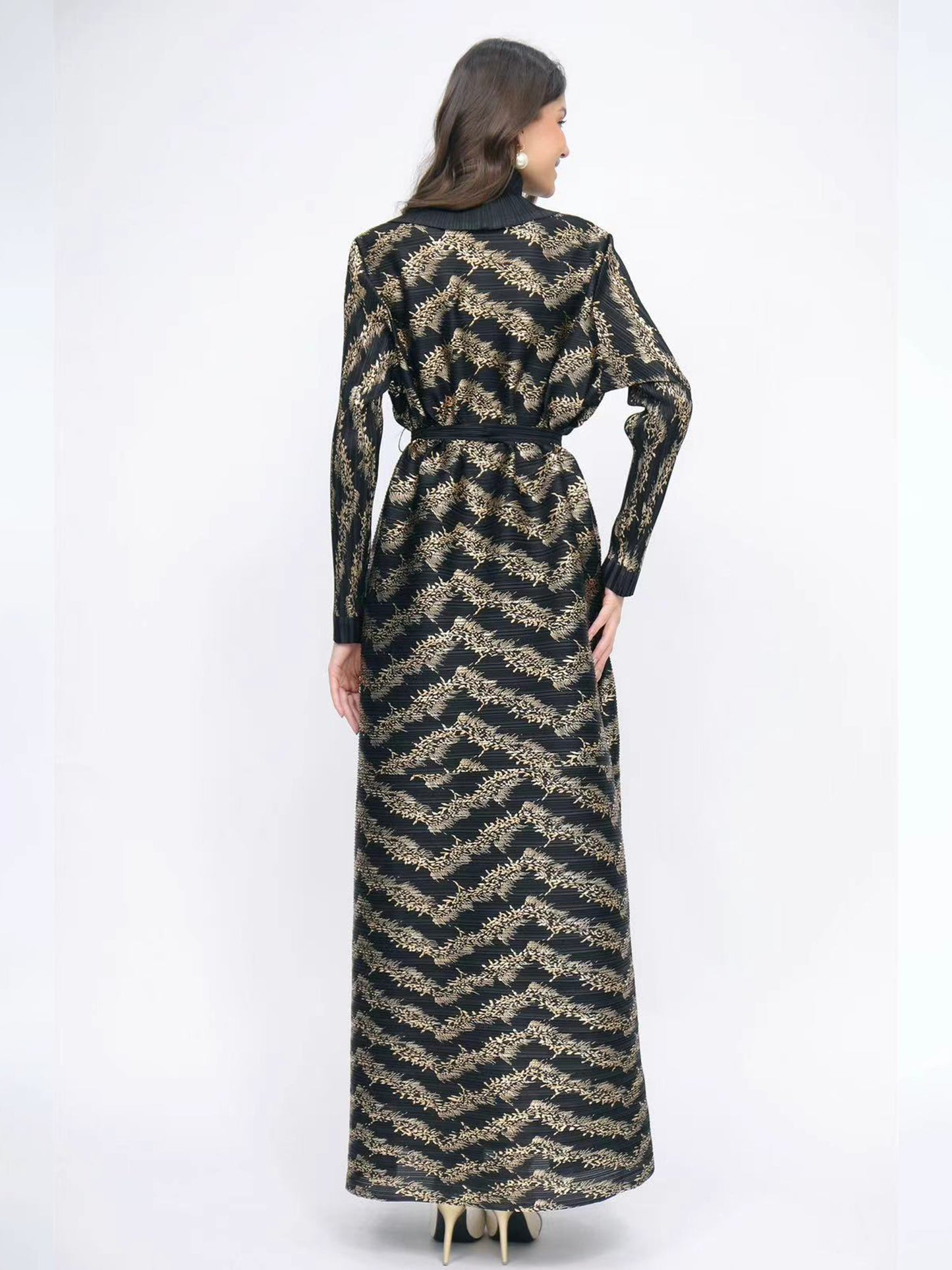 Women's Elegant Black Abaya with Golden Geometric Pattern - Stylish Long-Sleeve Kaftan for Office, Formal Events, and Ramadan - Versatile Middle Eastern Attire, Formal Attire | Elegant Abaya