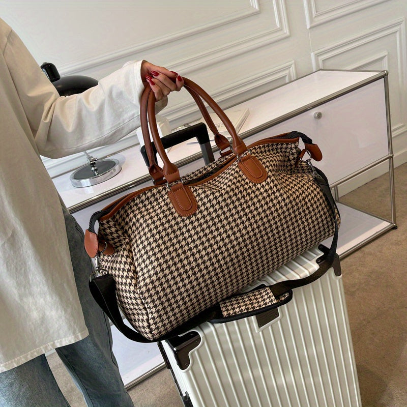 Large Capacity Houndstooth Pattern Sports Bag, Versatile Travel Duffel Luggage Handbag, Trendy Overnight Bag