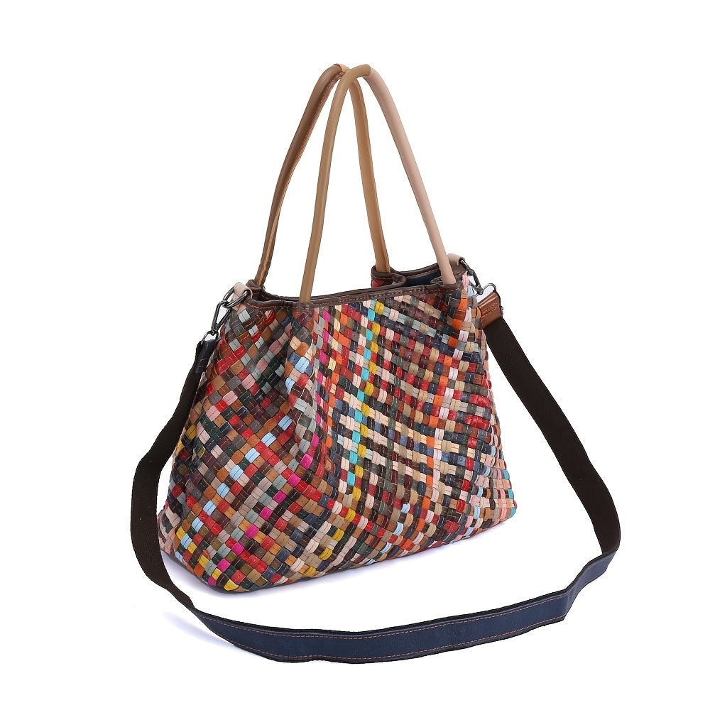 Genuine Leather Woven Women's Bag with Adjustable Crossbody Strap, Colorful Striped Design Options, Perfect for Casual or Formal Occasions