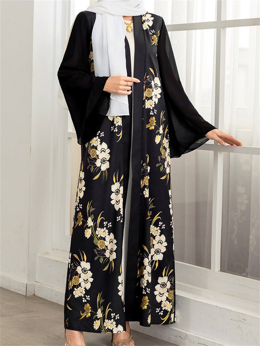 Elegant Black & White Floral Print Long Sleeve Kaftan Gown for Women - Loose Kimono Robe with Golden Accents, Perfect for Spring and Summer Casual Wear, Robes for Ladies