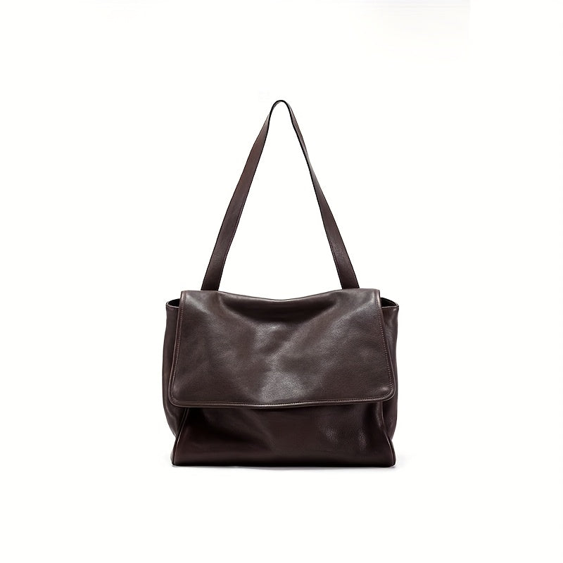 Top-Grain Vintage Genuine Leather Tote Messenger Bag - Flap Closure, Fixed Shoulder Strap, Large Capacity