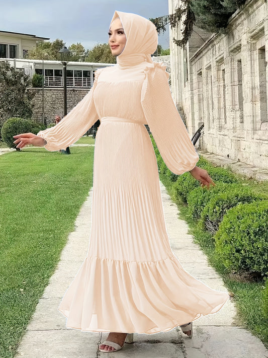Women's Middle Eastern Muslim Baju Abaya Dress - Solid Color Pleated Long Sleeve with Belted Waist, Lightweight Breathable Fabric, Machine Washable Traditional Modest Dress