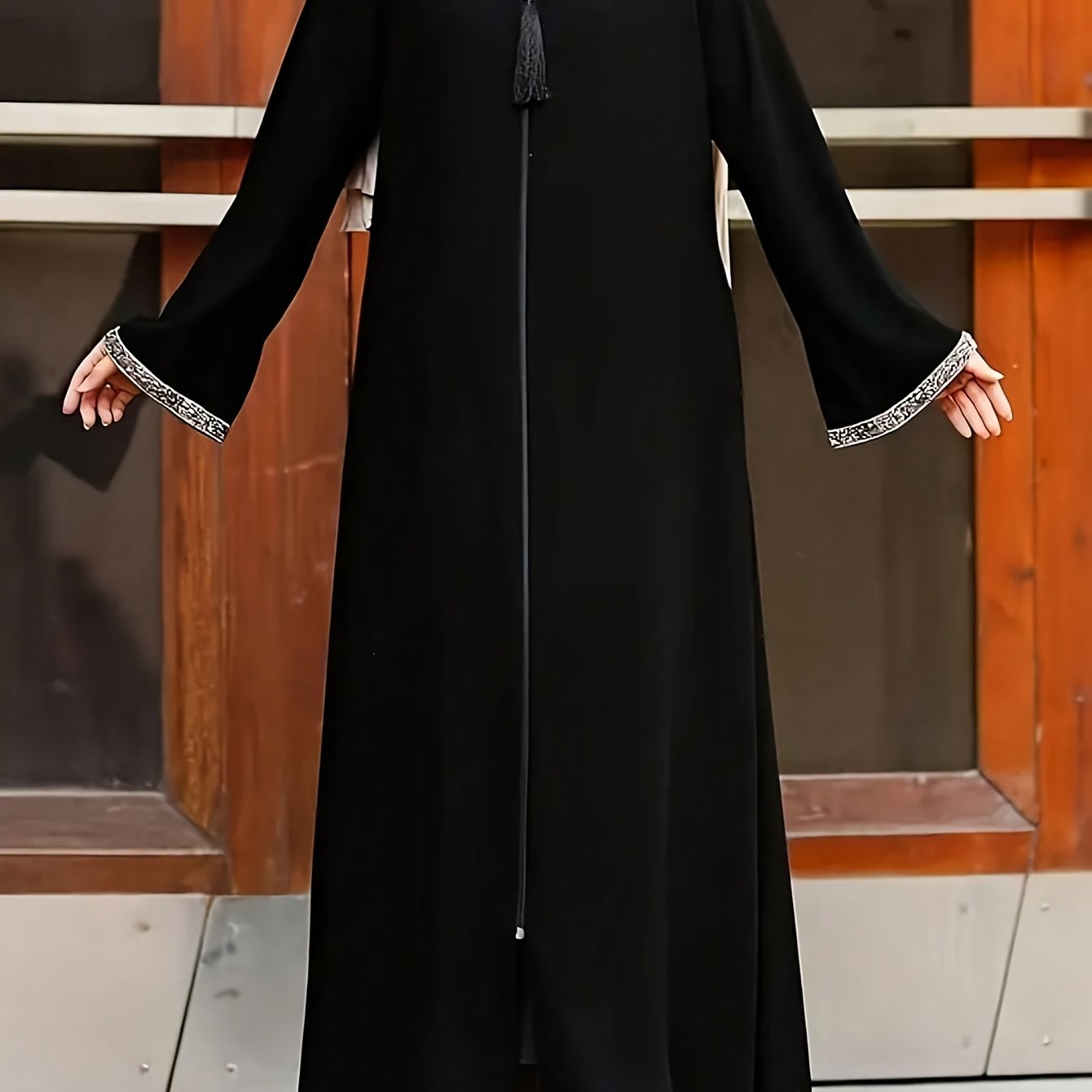 Women's Traditional Moroccan-Style Long Baju Abaya with Zipper Closure - Solid Color, Loose Fit, Round Neck, Polyester, Casual Wear, Casual Wear|Traditional Robe|Polyester Dress