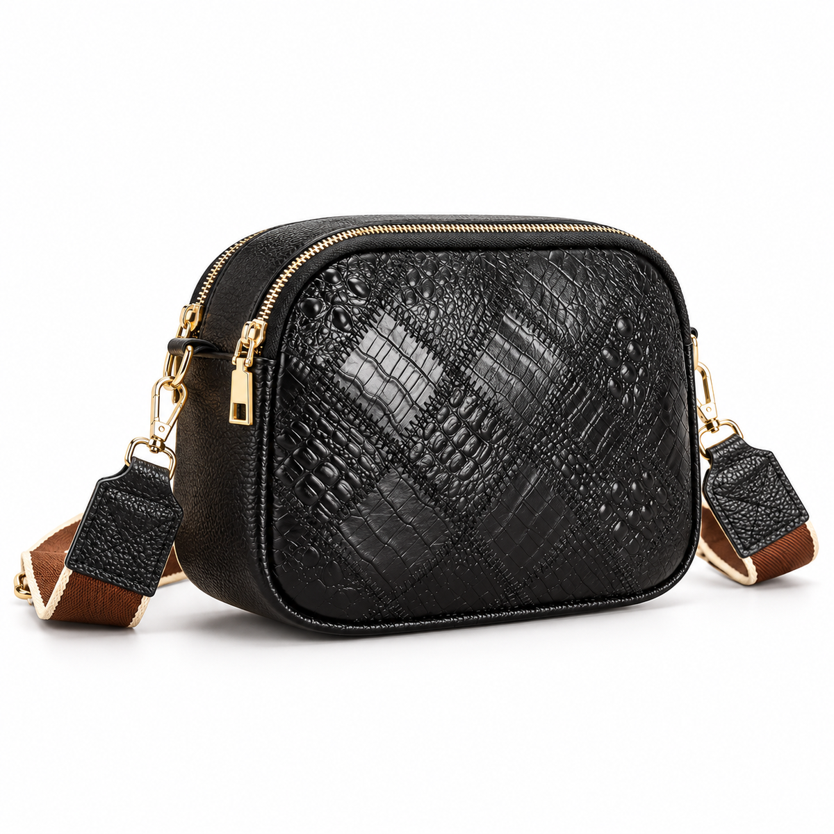 Elegant Black Crocodile Embossed Crossbody Bag