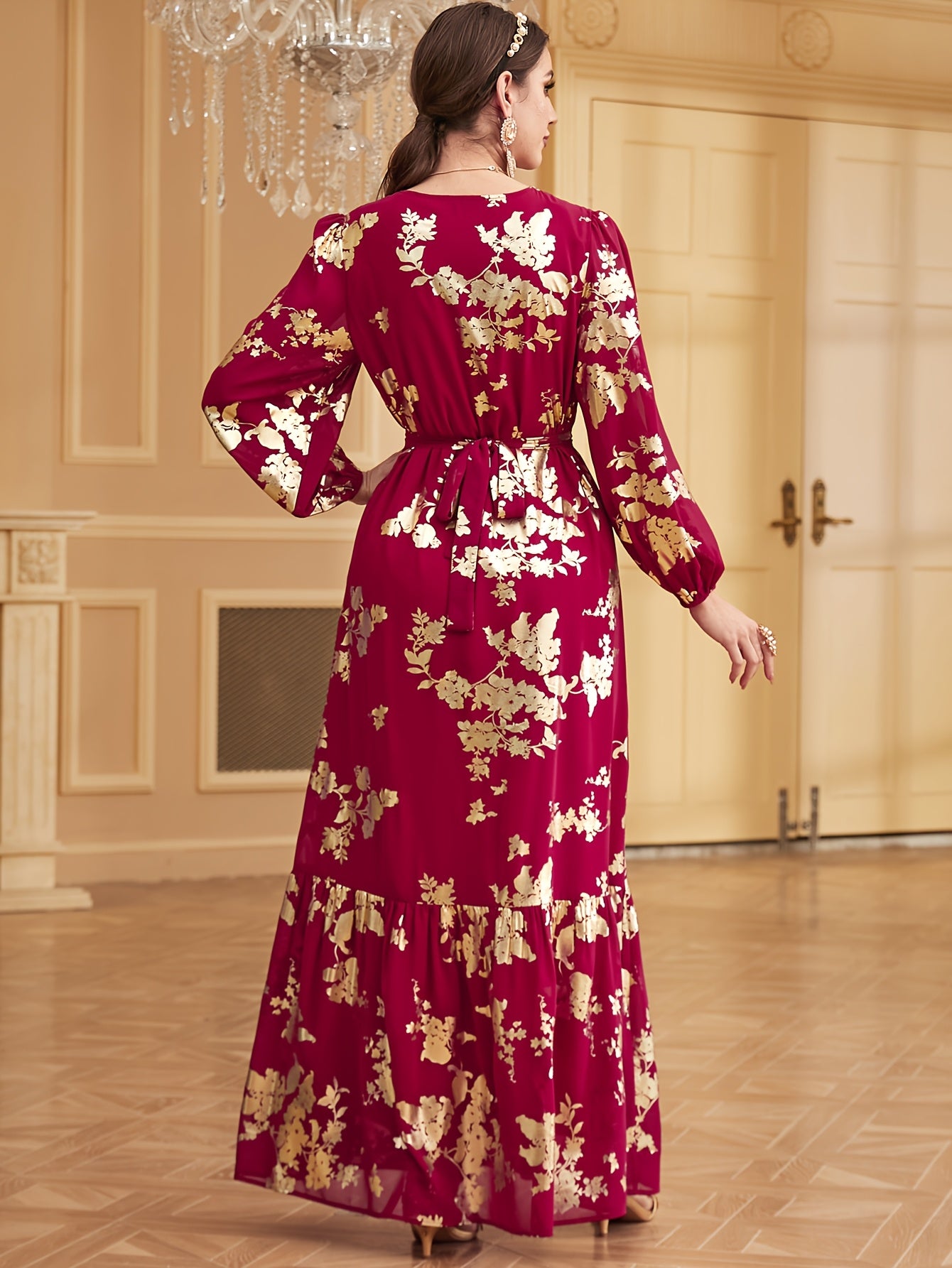 1pc Elegant Embroidered Long Sleeve Modern Abaya with Golden Accents, Polyester 100%, Regular Fit, All-Season Floral Print with Slit Hem and Waist Belt