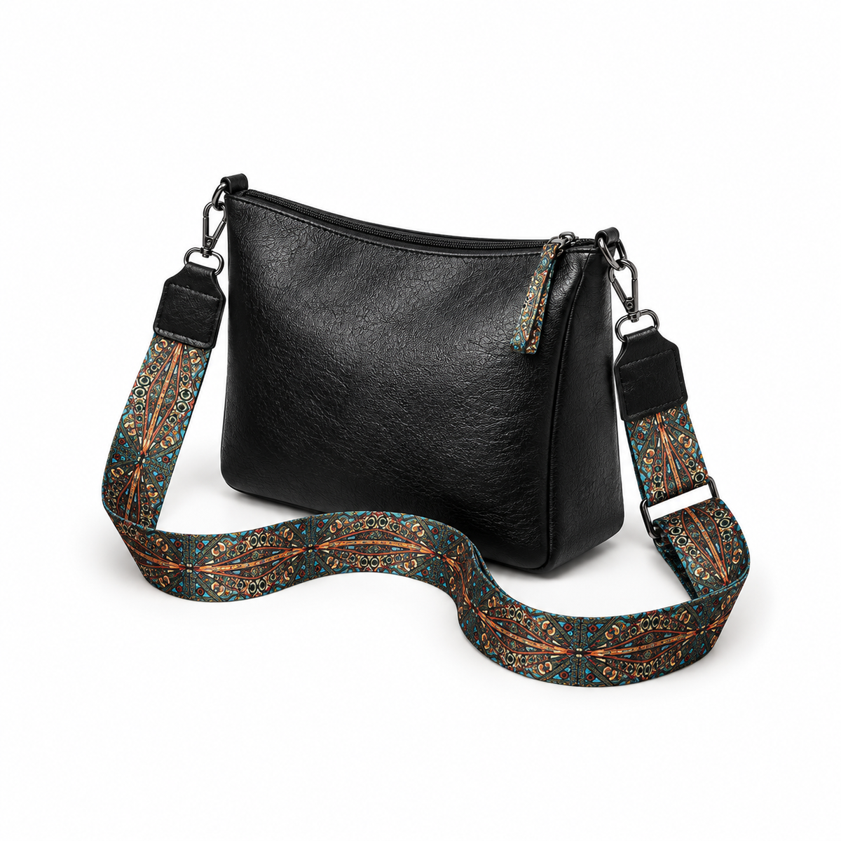 Black Crossbody Bag With Paisley Strap