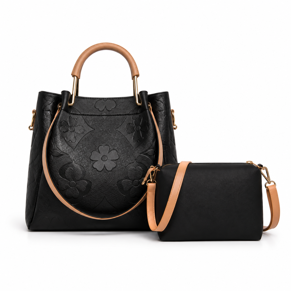 Black Embossed Tote Crossbody Handbag Set