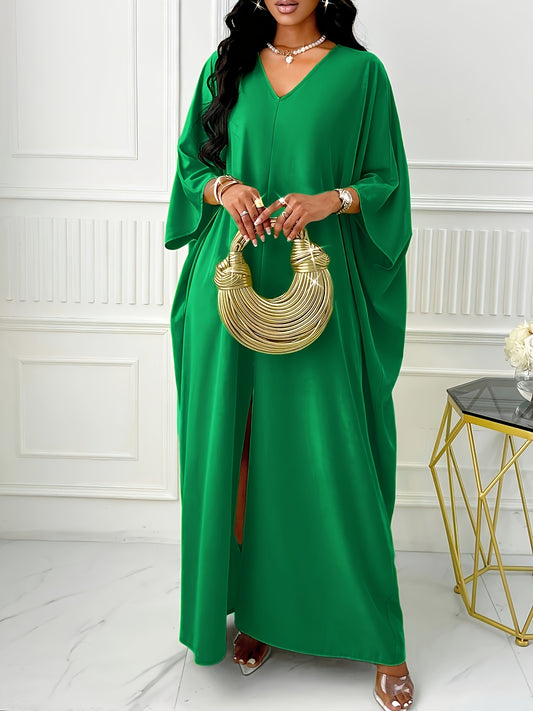 Elegant Plus Size V-Neck Batwing Sleeve Turkish Kaftan Abaya Dress | 100% Polyester Machine-Washable H-Line Silhouette for All-Season Wear with Slit Hem