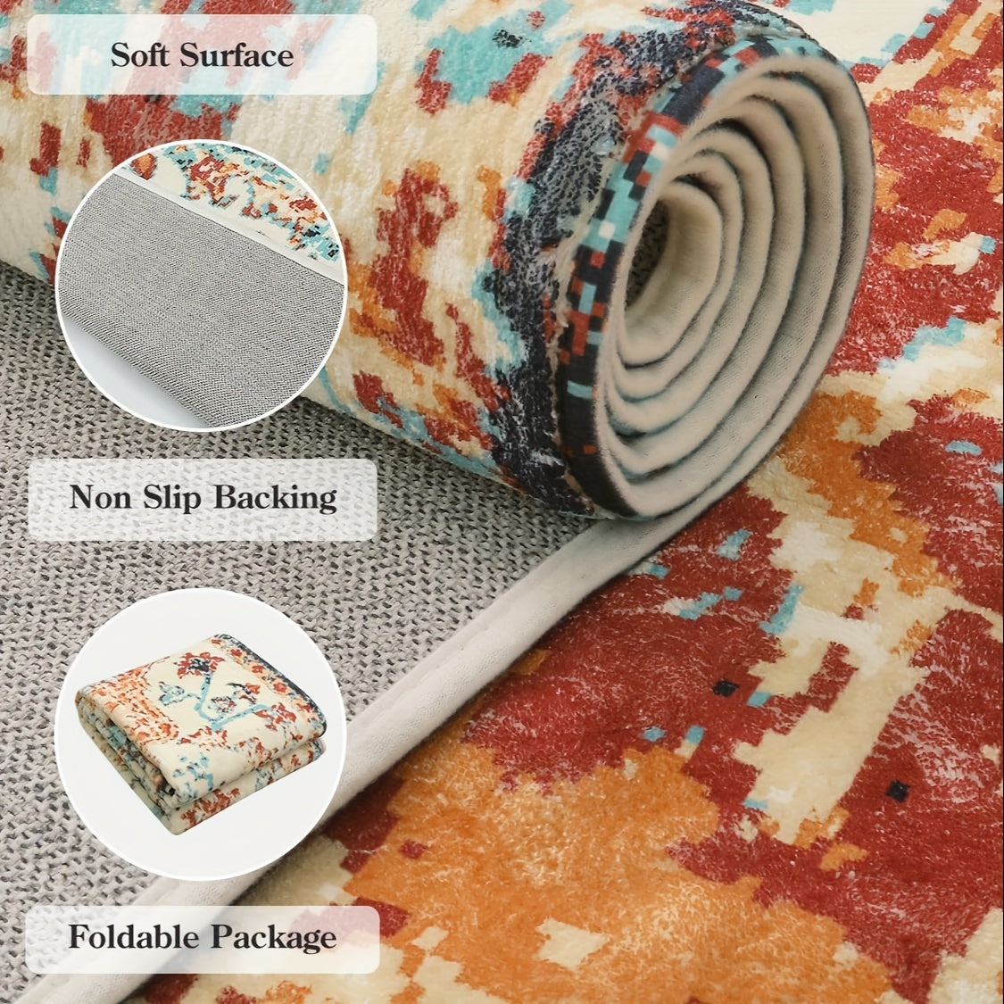Bohemian Floral Medallion Area Rug - Oriental Distressed Bedroom Carpet Country Vintage Faux Wool Indoor Throw Mat Non-Slip Washable Low-Pile Carpet For Bathroom Living Kitchen Laundry Room