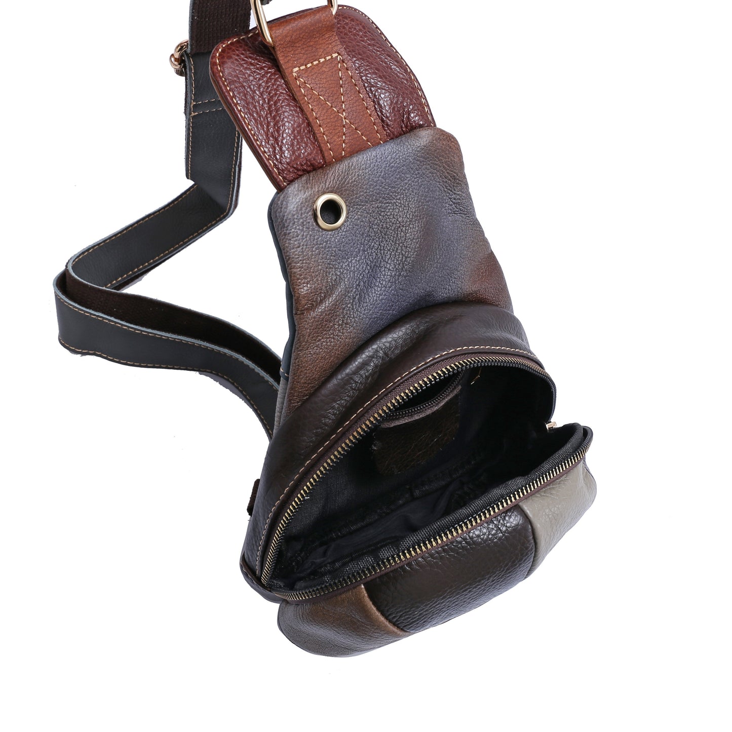 Leather Women's Sling Bag - Trendy Stitching Design, Outdoor Headphone Jack & Shoulder Strap - For Women - Suitable for Casual & Outdoor Activities