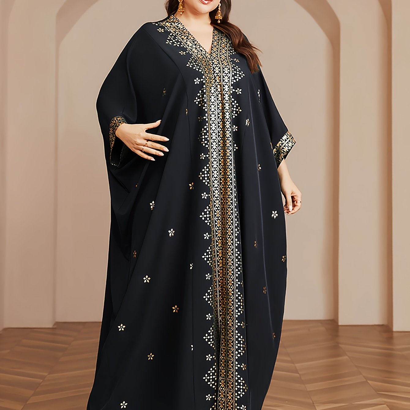 Polyester Long Kaftan | V-Neck Tribal Pattern Woven Non-Stretch, Middle East Golden Tassel, Batwing Sleeve Abaya, Plus Size, All Season