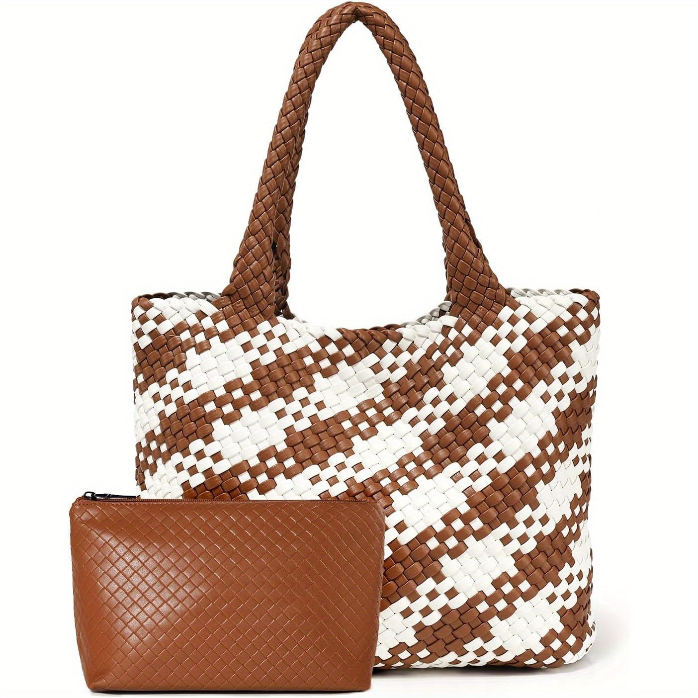 Women's Vegan Tote Bag - Large Woven Handbag with Zipper Closure & Wrist Strap, White & Brown Striped Design, Durable Oil-Edged Finish for Casual or Formal Use