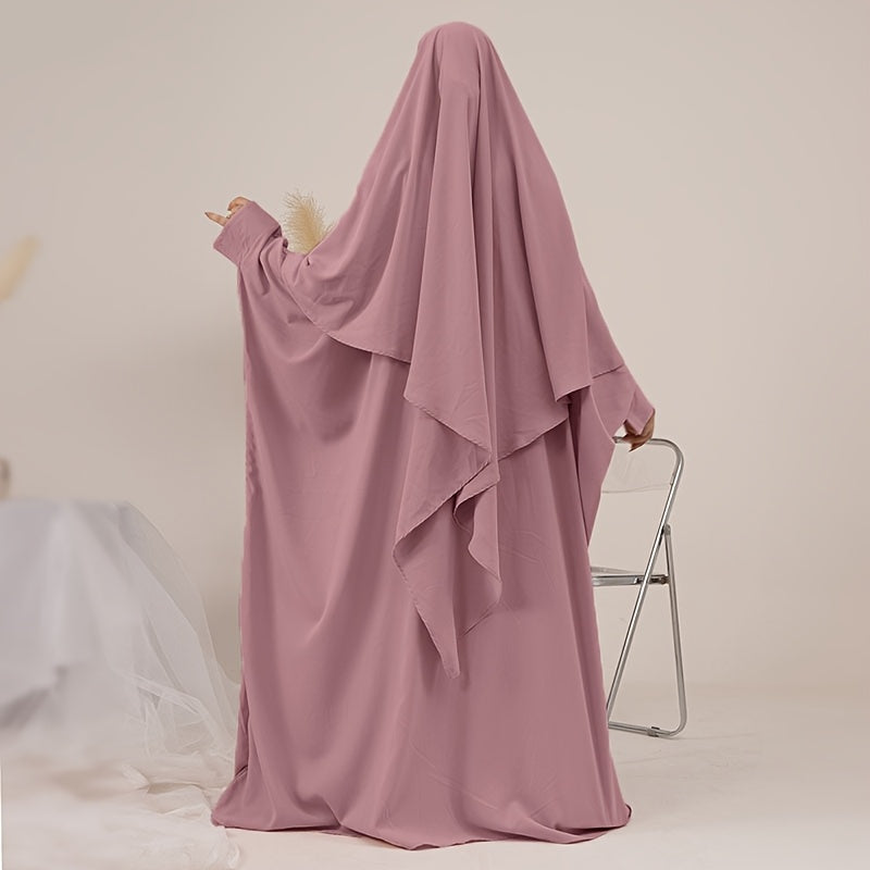 2pcs Solid Color Muslim Prayer Set, Convenient Zipper Khimar Abaya with Simple Headscarf Hijabs - Essential Fashionable Outing Essentials
