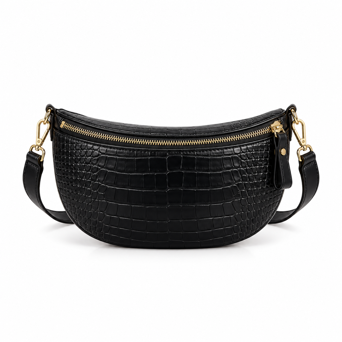 Black Crocodile Embossed Gold Chain Waistbag