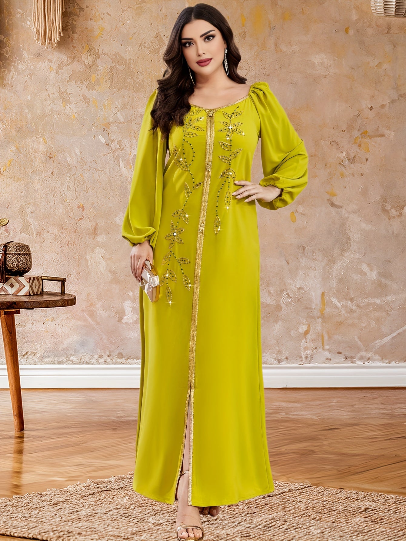Elegant Long Sleeve Polyester Dress with Lantern Sleeves, Solid Color, Tie Back, and Belted Waist Palestinian Abaya