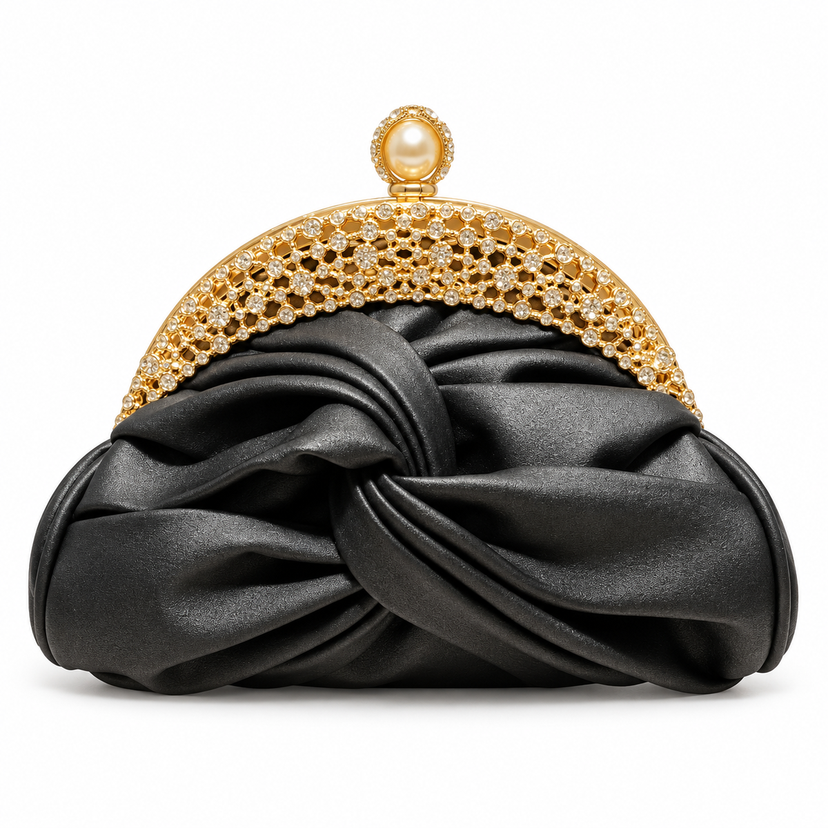 Black Ruched Crystal Frame Evening Clutch