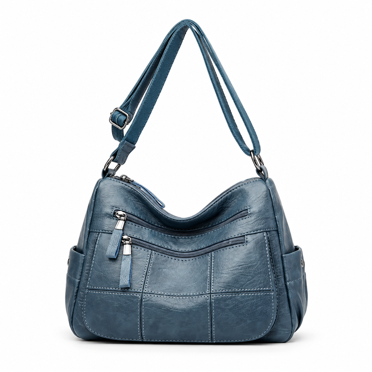 Blue Textured Multi Pocket Crossbody Bag