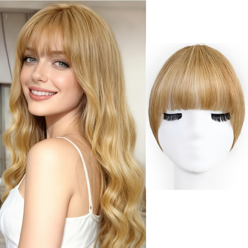 1pc Women'S Natural Brown Human Hair Clip-In Bangs Wig - Soft Wavy with Straight Ends, Secure Clip-In Design, Natural Hairline & Easy Wear