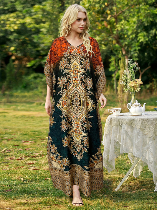 Plus Size, European and American Plus Size Women's Bohemian Vacation Dress with Middle Eastern Kaftan Abaya Style