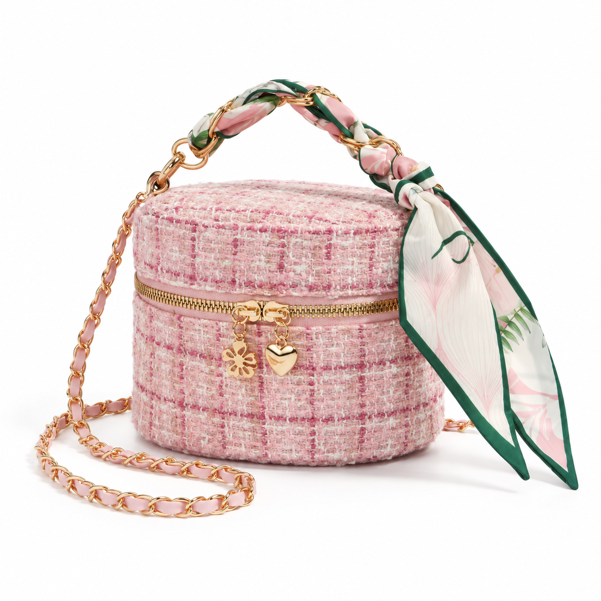Pink Tweed Crossbody Bag With Scarf