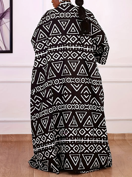 Chic Plus Size Open Front Kimono Abaya Cardigan - Casual & Versatile, Machine Washable, Polyester Blend with Elastane, Elegant Print Design