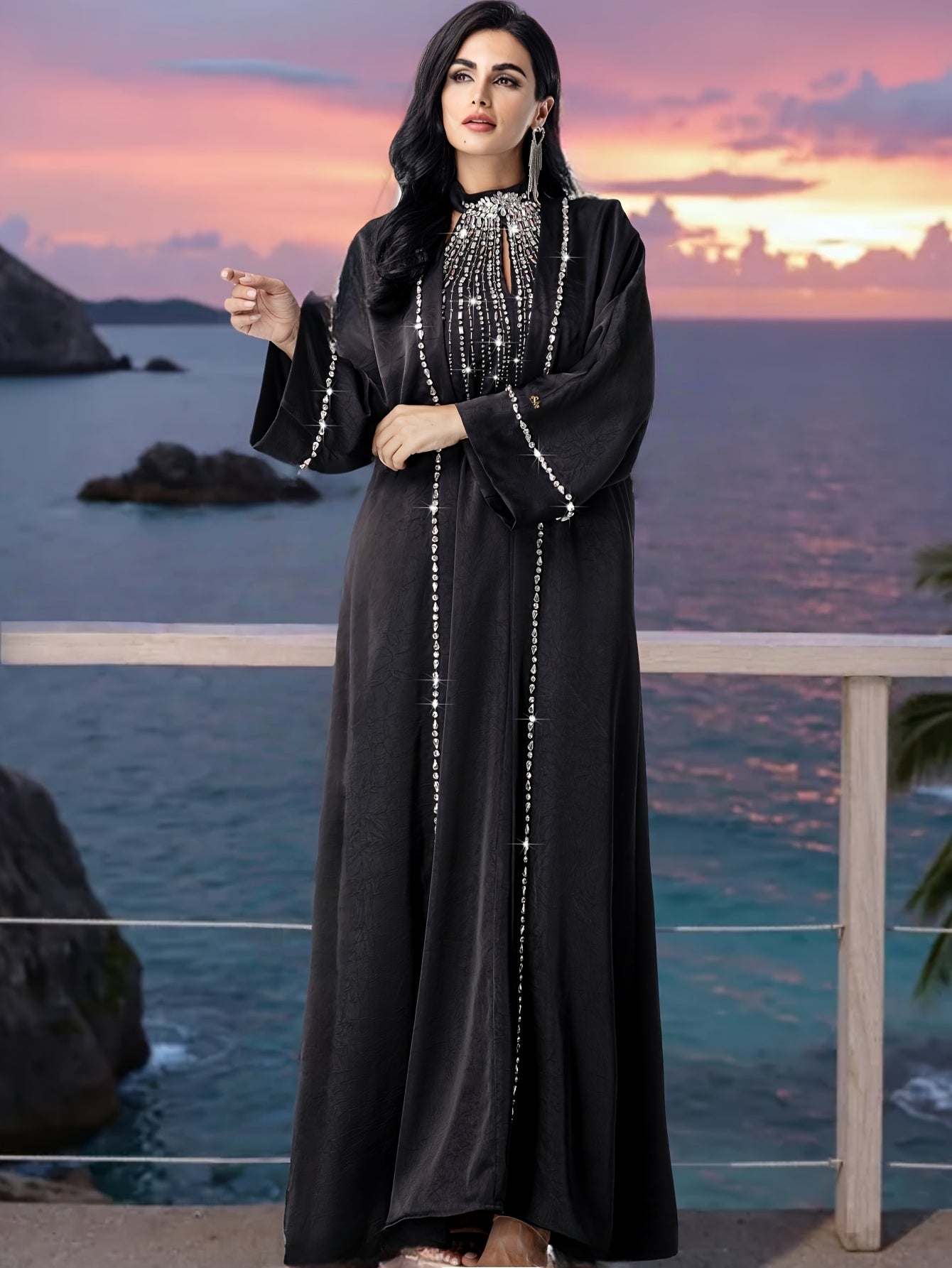 Arabian Style Black Abaya Two-Piece Set! with Rhinestone Embellishments, Luxurious and Elegant