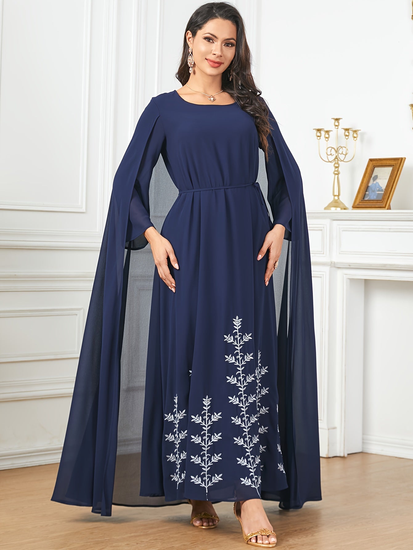 Polyester Traditional Abaya Dress - Solid Color Round Neck Embroidered Long Sleeve with Cape, Regular Fit, All-Season, Middle Eastern Cultural Apparel