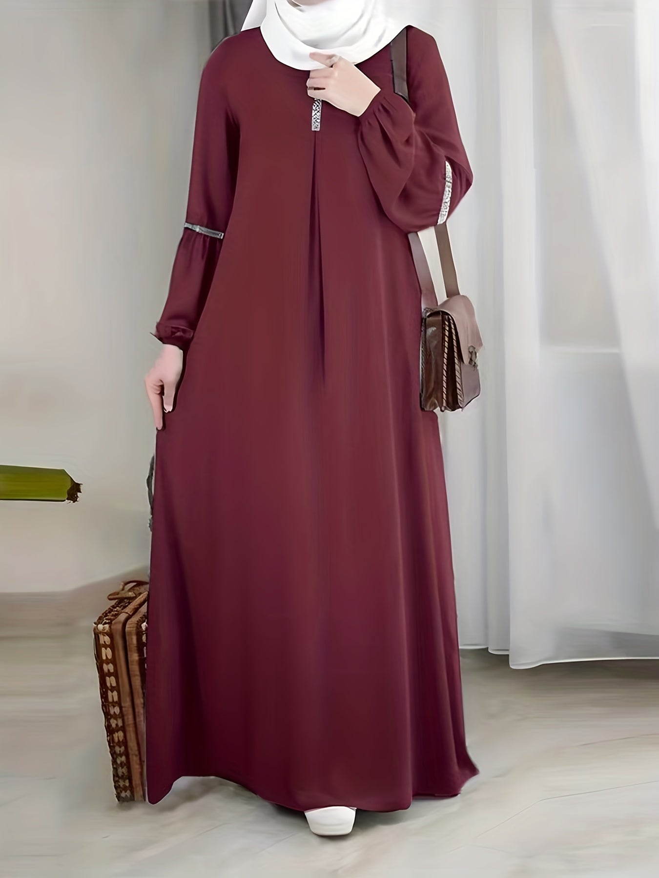 [Elegant Abaya] Elegant Arabic Abaya Burkha | 2023 New Women's Long Sleeve Modest Cover Dress, Solid Green, Sequin Sleeves, Machine Washable, No Stretch Fabric