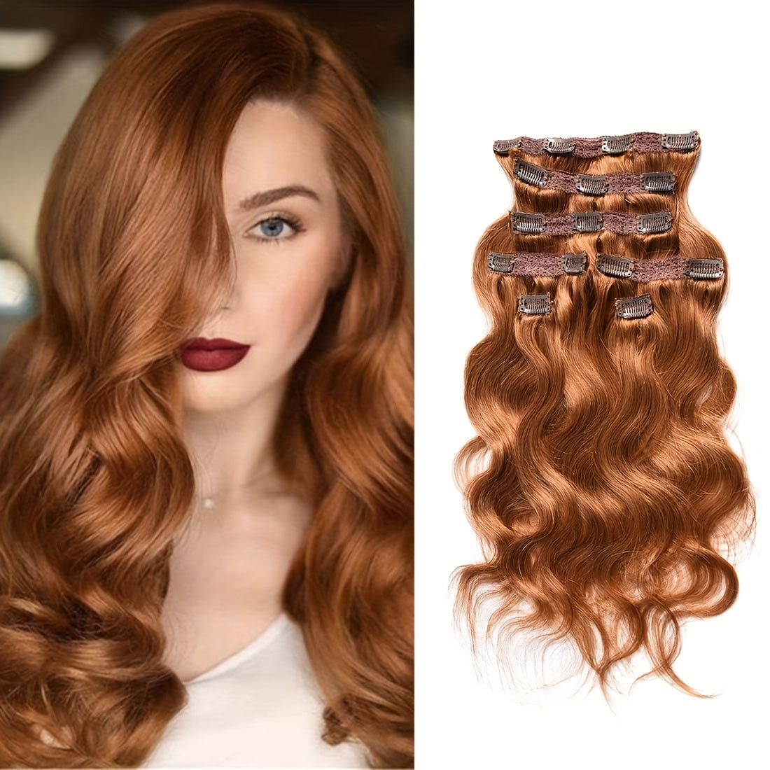 Meiverah Body Wave Clip-In Human Hair Extensions in Copper Red Shade, Made from Virgin Hair with Double Weft