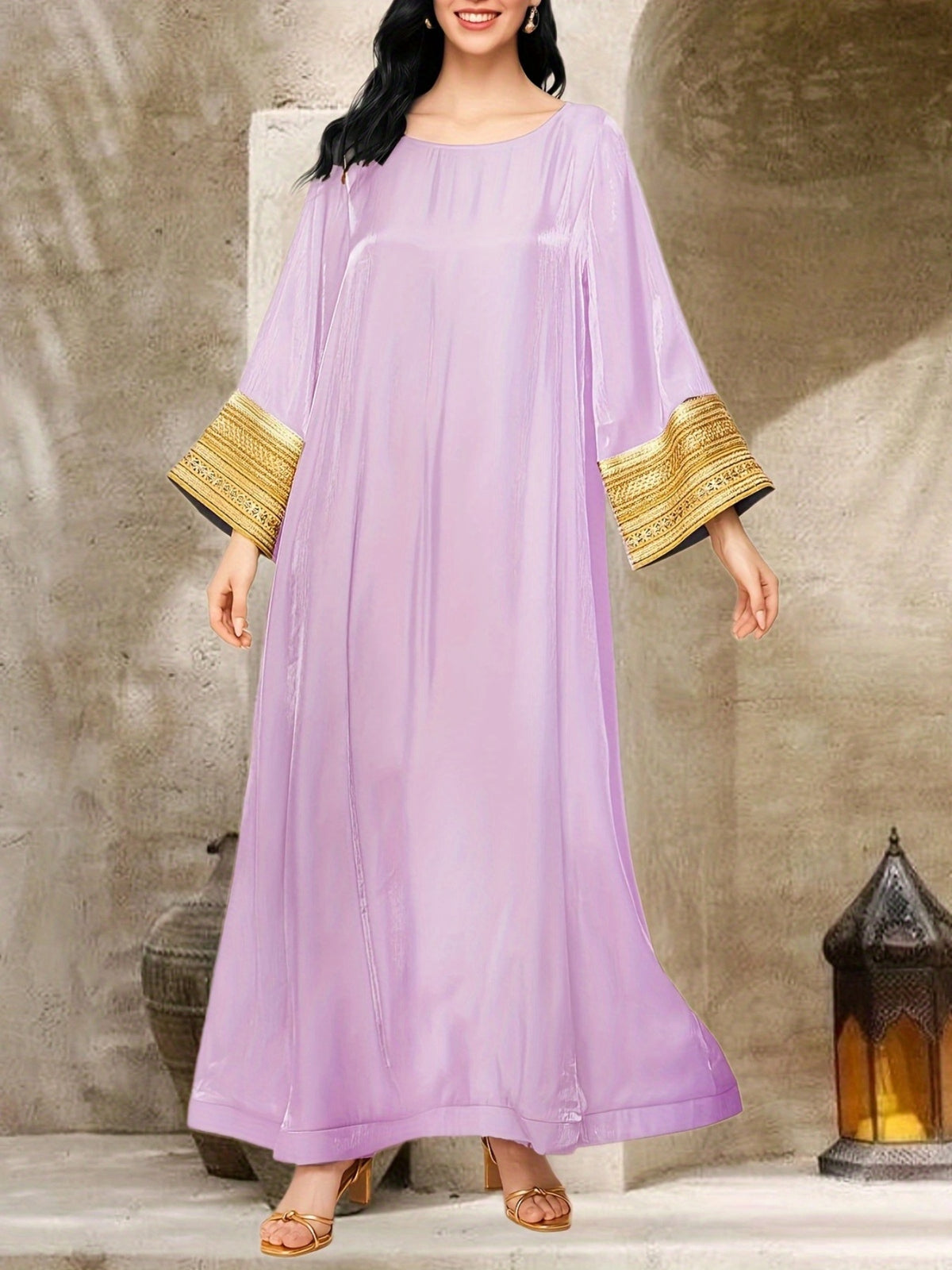 Elegant Women's Long Sleeve Baju Abaya Dress - Crew Neck, Patchwork Design, Loose Swing Fit, Solid Color, Perfect for Spring/Summer, Casual to Formal Wear, Casual Formal Dress