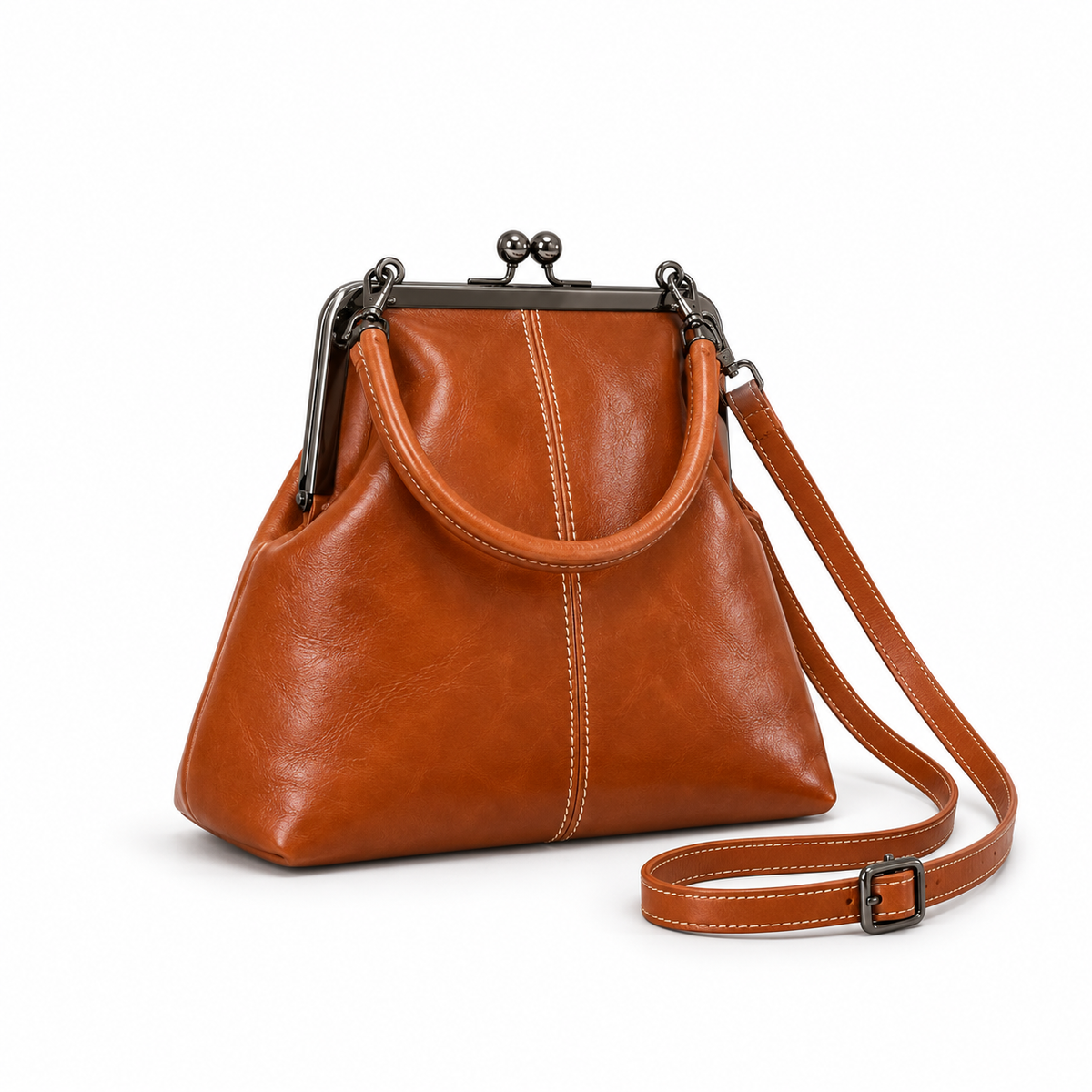 Vintage Brown Kiss Lock Crossbody Bag