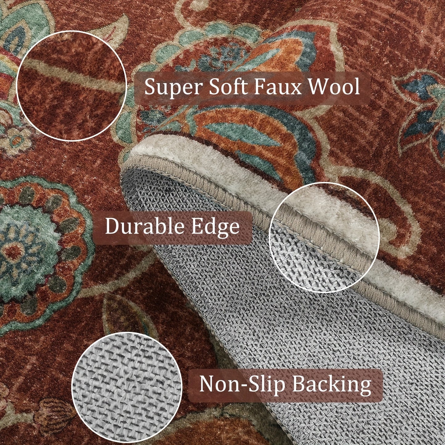 Vintage Non Slip Throw Area Rug, Floral Washable Entryway Rugs Indoor, Soft Paisley Bedroom Rug Bath Mat, Distressed Floor Chair Carpet For Living Room Entrance Dorm RV, Red