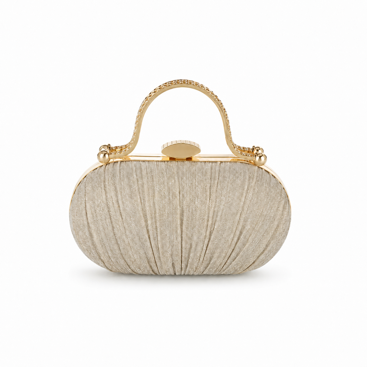 Champagne Gold Pleated Clutch with Crystal Handle