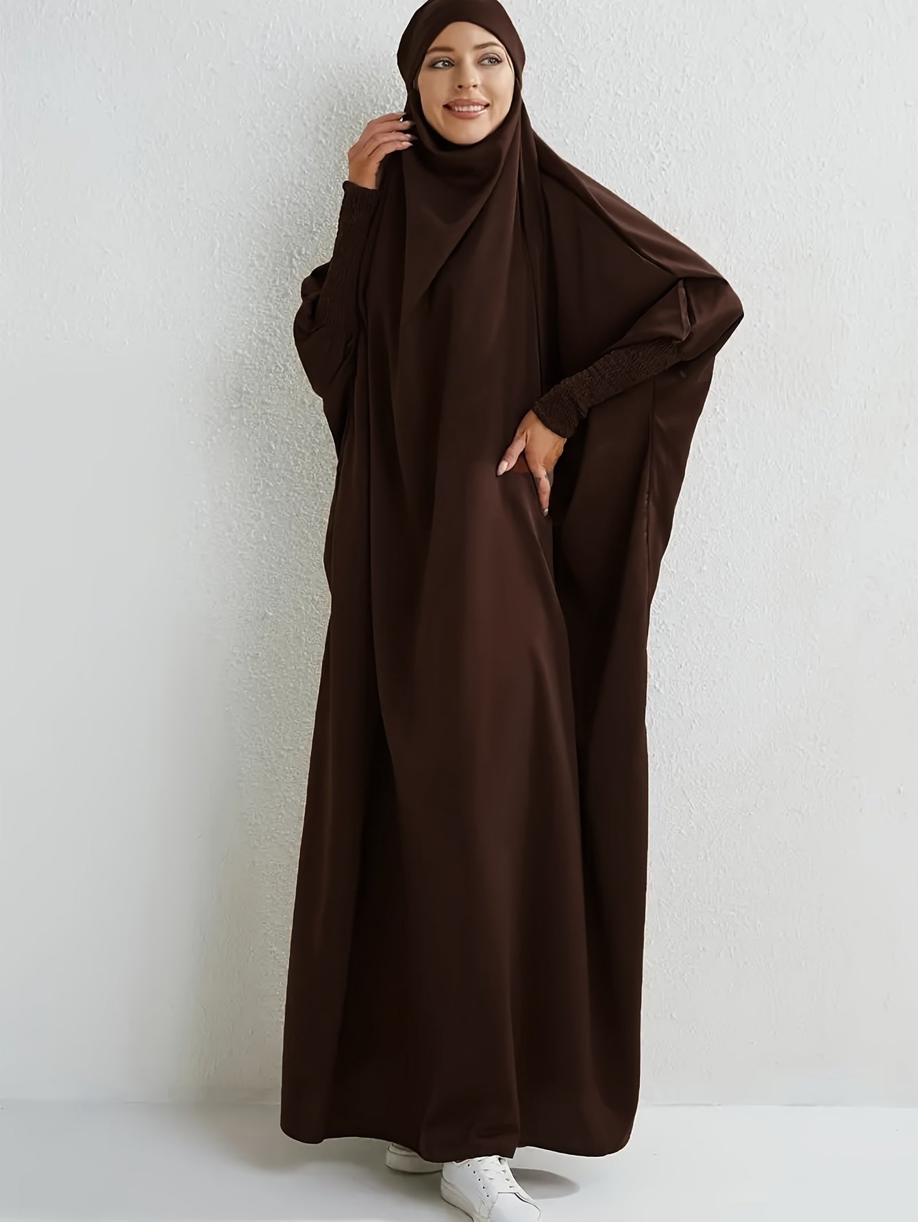 Elegant Light Pink Modesty Dress with Hijab - Women's Long Sleeve Jibab Abaya, Maxi Prayer Dress, Polyester, Non-Stretch Fabric, Machine Washable