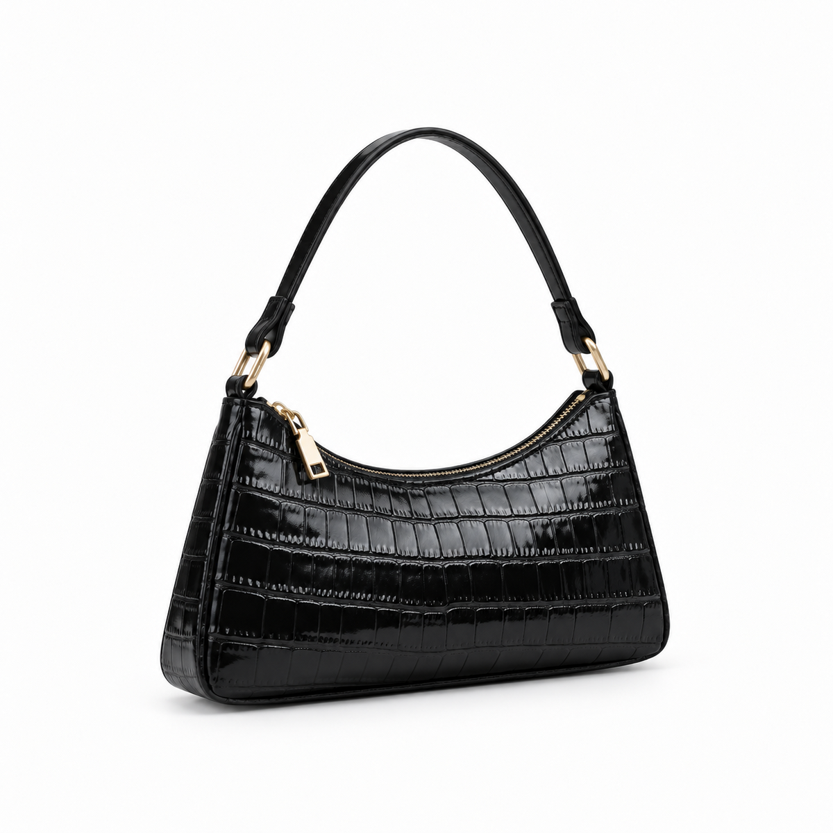 Glossy Croc Embossed Black Shoulder Bag